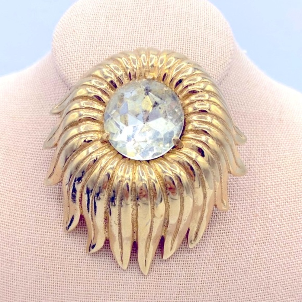 Vintage Large Signed BOBLEY Gold Tone Brooch With Large Clear Rhinestone Center